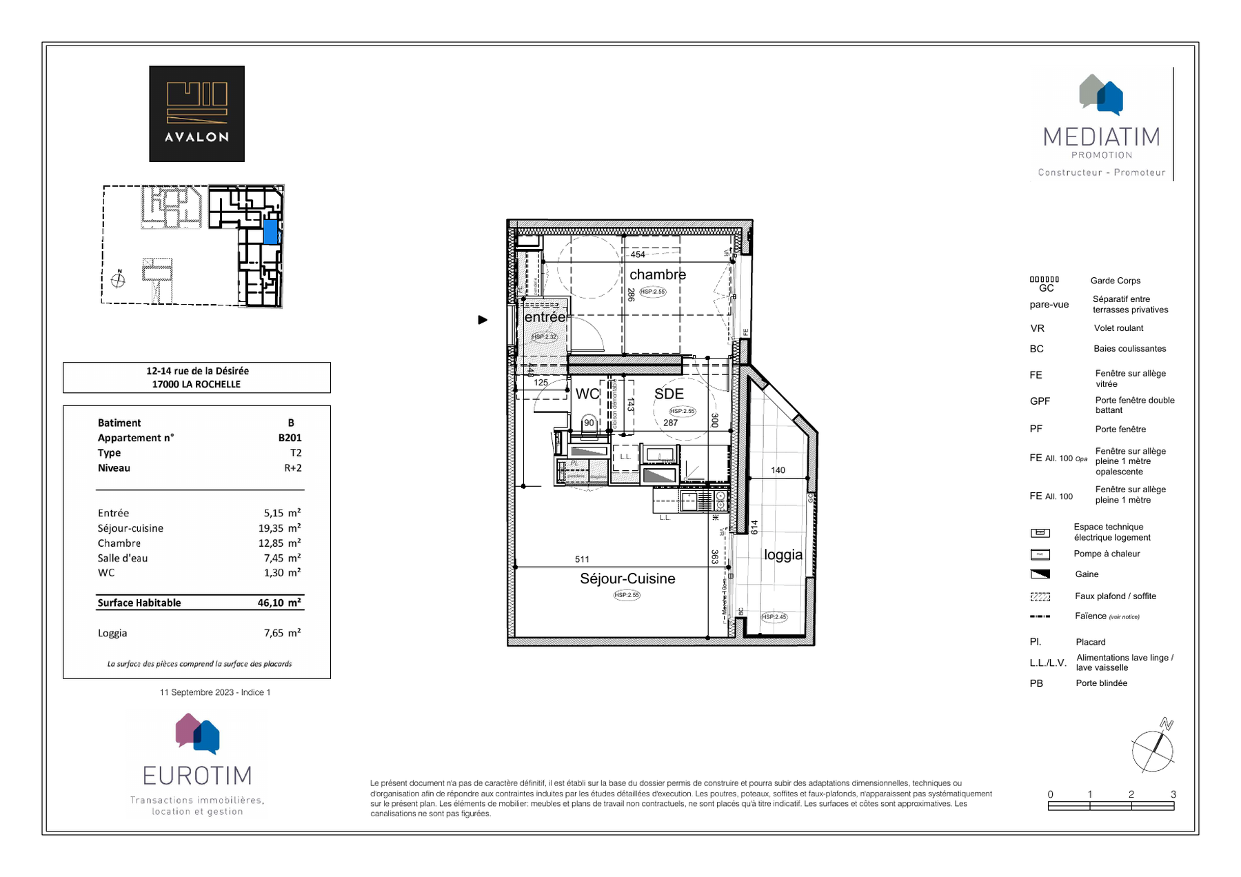 Plan du B201 — surface 46,10 m², résidence Avalon La Rochelle
