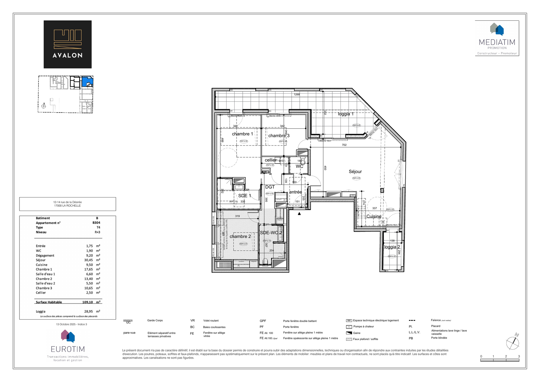 Plan du B304 — surface 109,10 m², résidence Avalon La Rochelle