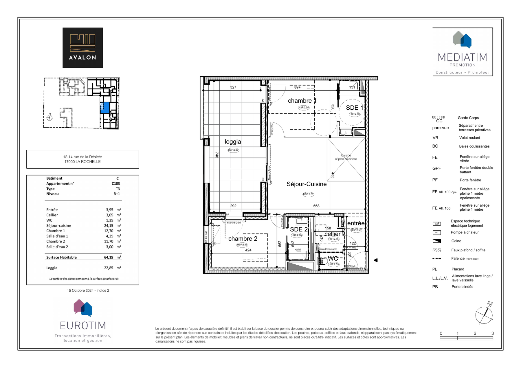 Plan du C103 — surface 64,15 m², résidence Avalon La Rochelle