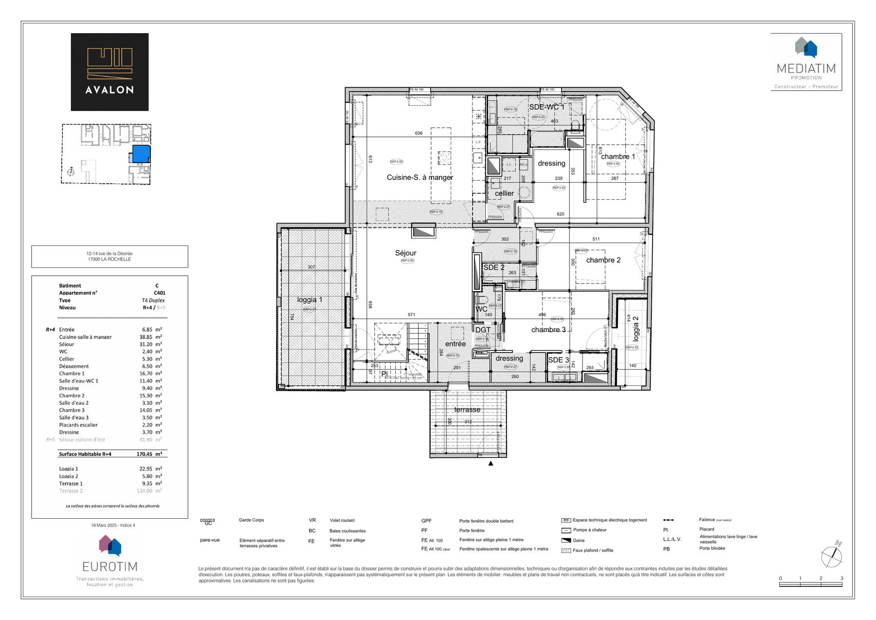 Plan du C401, page 1 — surface 212,35 m², résidence Avalon La Rochelle