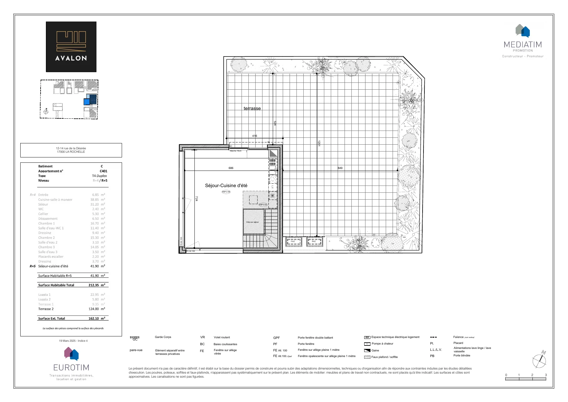 Plan du C401, page 2 — surface 212,35 m², résidence Avalon La Rochelle