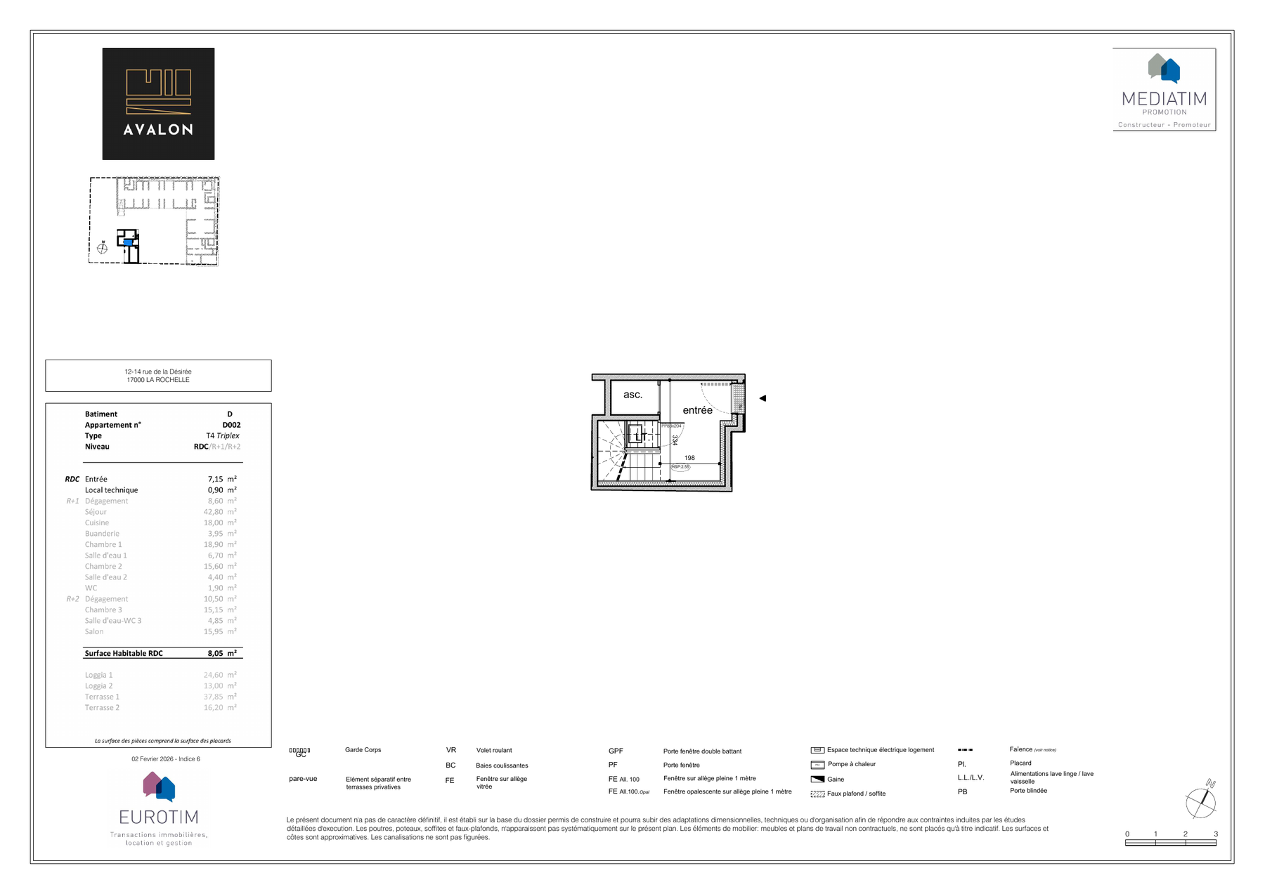 Plan du D002, page 1 — surface 175,35 m², résidence Avalon La Rochelle