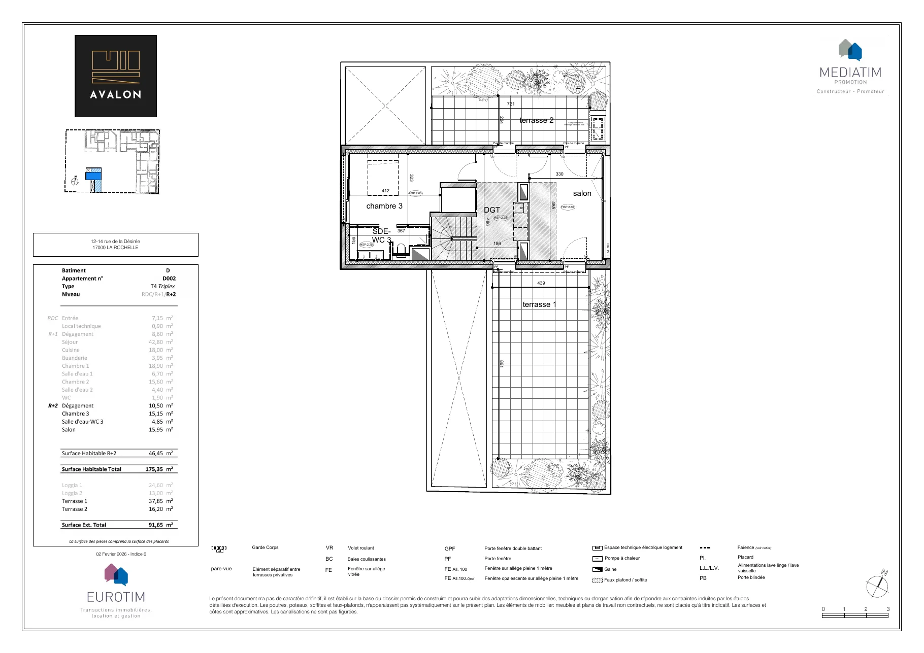 Plan du D002, page 3 — surface 175,35 m², résidence Avalon La Rochelle
